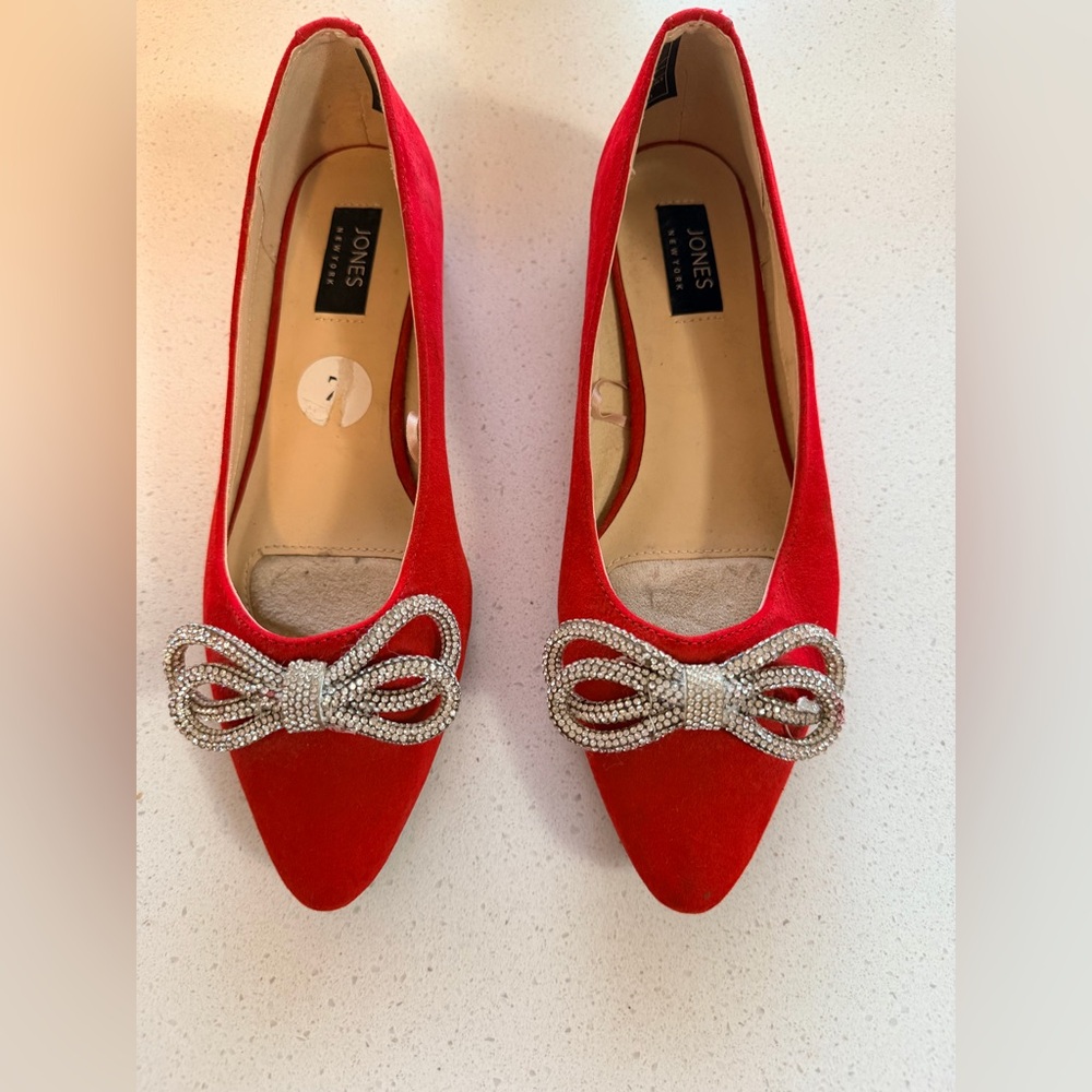 Jones New York Red Heels with Silver Bow Accent